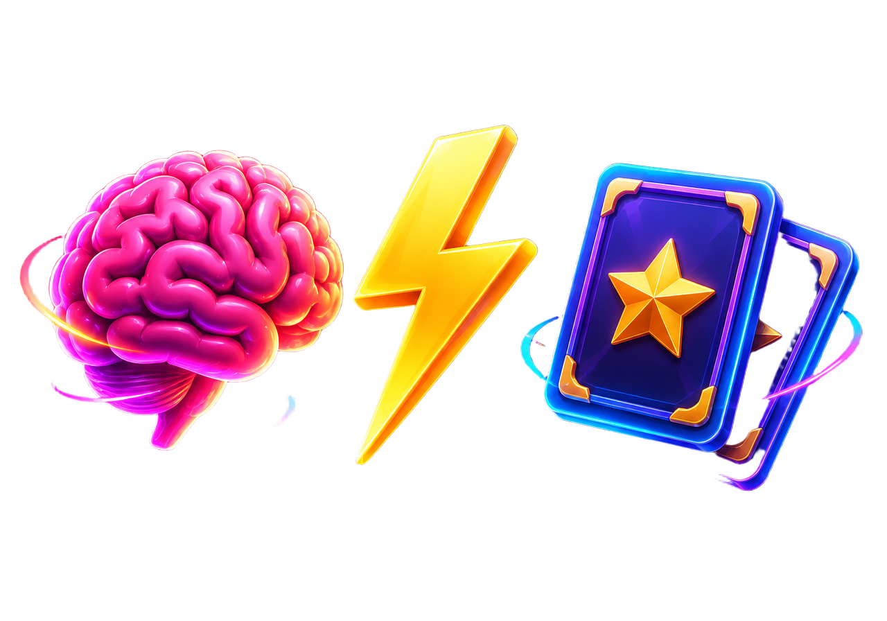 Colorful brain games illustration with puzzle pieces, lightning and cards